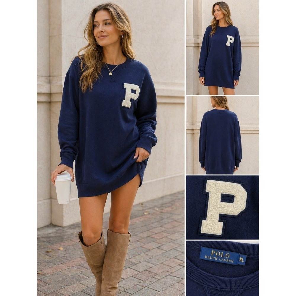 Polo Ralph Lauren Womens Navy Blue Chenille "P" Patch Fleece Sweatshirt Dress S